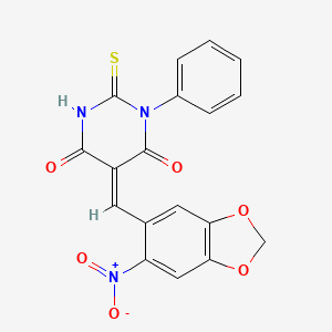 (5Z)-5-[(6-NITRO-2H-1,3-BENZODIOXOL-5-YL)METHYLIDENE]-1-PHENYL-2-SULFANYLIDENE-1,3-DIAZINANE-4,6-DIONE