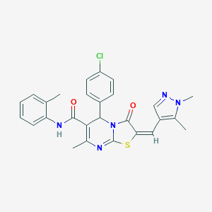 molecular formula C27H24ClN5O2S B455550 5-(4-chlorophenyl)-2-[(1,5-dimethyl-1H-pyrazol-4-yl)methylene]-7-methyl-N-(2-methylphenyl)-3-oxo-2,3-dihydro-5H-[1,3]thiazolo[3,2-a]pyrimidine-6-carboxamide 