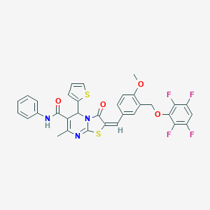 molecular formula C33H23F4N3O4S2 B455554 2-{4-methoxy-3-[(2,3,5,6-tetrafluorophenoxy)methyl]benzylidene}-7-methyl-3-oxo-N-phenyl-5-(2-thienyl)-2,3-dihydro-5H-[1,3]thiazolo[3,2-a]pyrimidine-6-carboxamide 