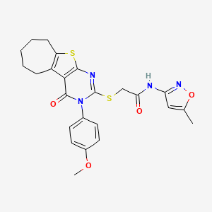 2-[[4-(4-methoxyphenyl)-3-oxo-8-thia-4,6-diazatricyclo[7.5.0.02,7]tetradeca-1(9),2(7),5-trien-5-yl]sulfanyl]-N-(5-methyl-1,2-oxazol-3-yl)acetamide