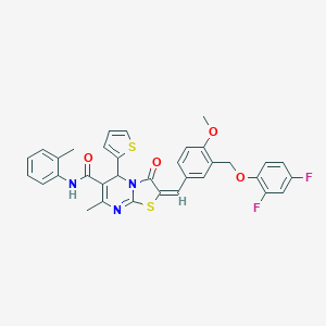 molecular formula C34H27F2N3O4S2 B455558 2-{3-[(2,4-difluorophenoxy)methyl]-4-methoxybenzylidene}-7-methyl-N-(2-methylphenyl)-3-oxo-5-(2-thienyl)-2,3-dihydro-5H-[1,3]thiazolo[3,2-a]pyrimidine-6-carboxamide 