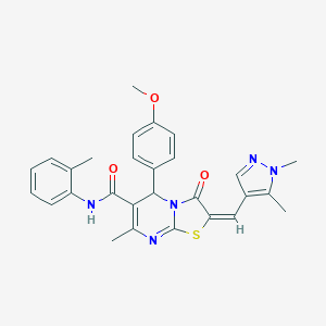 molecular formula C28H27N5O3S B455567 2-[(1,5-dimethyl-1H-pyrazol-4-yl)methylene]-5-(4-methoxyphenyl)-7-methyl-N-(2-methylphenyl)-3-oxo-2,3-dihydro-5H-[1,3]thiazolo[3,2-a]pyrimidine-6-carboxamide 