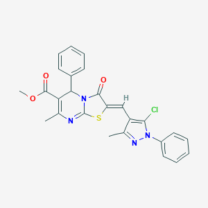 molecular formula C26H21ClN4O3S B455632 methyl (2Z)-2-[(5-chloro-3-methyl-1-phenyl-1H-pyrazol-4-yl)methylidene]-7-methyl-3-oxo-5-phenyl-2,3-dihydro-5H-[1,3]thiazolo[3,2-a]pyrimidine-6-carboxylate 
