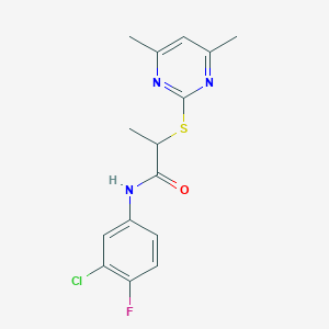 molecular formula C15H15ClFN3OS B4556330 N-(3-chloro-4-fluorophenyl)-2-[(4,6-dimethylpyrimidin-2-yl)sulfanyl]propanamide 