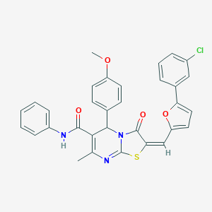 molecular formula C32H24ClN3O4S B455634 2-{[5-(3-chlorophenyl)-2-furyl]methylene}-5-(4-methoxyphenyl)-7-methyl-3-oxo-N-phenyl-2,3-dihydro-5H-[1,3]thiazolo[3,2-a]pyrimidine-6-carboxamide 