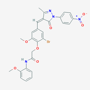 molecular formula C27H23BrN4O7 B455654 2-{2-bromo-4-[(1-{4-nitrophenyl}-3-methyl-5-oxo-1,5-dihydro-4H-pyrazol-4-ylidene)methyl]-6-methoxyphenoxy}-N-(2-methoxyphenyl)acetamide 