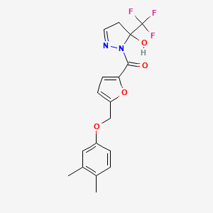 molecular formula C18H17F3N2O4 B4556549 1-{5-[(3,4-二甲基苯氧基)甲基]-2-呋喃酰}-5-(三氟甲基)-4,5-二氢-1H-吡唑-5-醇 