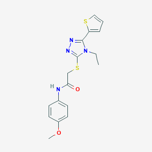 molecular formula C17H18N4O2S2 B455660 2-{[4-ethyl-5-(2-thienyl)-4H-1,2,4-triazol-3-yl]sulfanyl}-N-(4-methoxyphenyl)acetamide CAS No. 433235-42-8