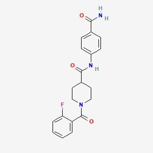 molecular formula C20H20FN3O3 B4556677 N-(4-carbamoylphenyl)-1-(2-fluorobenzoyl)piperidine-4-carboxamide 