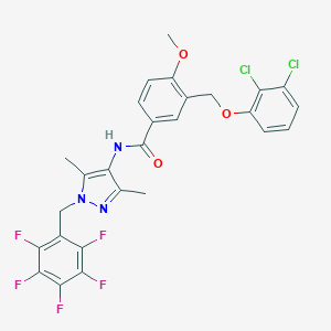 molecular formula C27H20Cl2F5N3O3 B455693 3-[(2,3-dichlorophenoxy)methyl]-N-[3,5-dimethyl-1-(pentafluorobenzyl)-1H-pyrazol-4-yl]-4-methoxybenzamide 