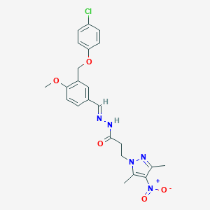 molecular formula C23H24ClN5O5 B455696 N'-{3-[(4-chlorophenoxy)methyl]-4-methoxybenzylidene}-3-{4-nitro-3,5-dimethyl-1H-pyrazol-1-yl}propanohydrazide 
