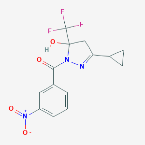 molecular formula C14H12F3N3O4 B455700 3-cyclopropyl-1-{3-nitrobenzoyl}-5-(trifluoromethyl)-4,5-dihydro-1H-pyrazol-5-ol 