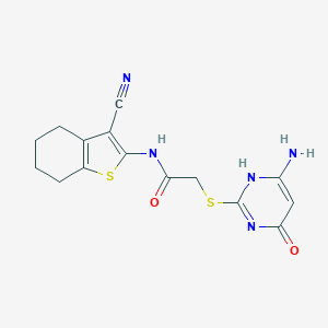 molecular formula C15H15N5O2S2 B455729 2-[(6-amino-4-oxo-1H-pyrimidin-2-yl)sulfanyl]-N-(3-cyano-4,5,6,7-tetrahydro-1-benzothiophen-2-yl)acetamide 