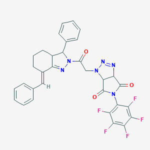 molecular formula C32H23F5N6O3 B455732 1-{2-[(7E)-7-benzylidene-3-phenyl-3,3a,4,5,6,7-hexahydro-2H-indazol-2-yl]-2-oxoethyl}-5-(pentafluorophenyl)-3a,6a-dihydropyrrolo[3,4-d][1,2,3]triazole-4,6(1H,5H)-dione 