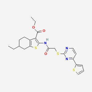 molecular formula C23H25N3O3S3 B4558147 6-乙基-2-[{[4-(2-噻吩基)-2-嘧啶基]硫代}乙酰氨基]-4,5,6,7-四氢-1-苯并噻吩-3-羧酸乙酯 