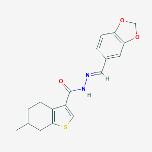 molecular formula C18H18N2O3S B455845 N'-(1,3-benzodioxol-5-ylmethylene)-6-methyl-4,5,6,7-tetrahydro-1-benzothiophene-3-carbohydrazide 