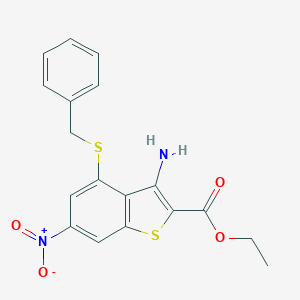 molecular formula C18H16N2O4S2 B455866 Ethyl 3-amino-4-(benzylsulfanyl)-6-nitro-1-benzothiophene-2-carboxylate 
