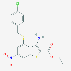 molecular formula C18H15ClN2O4S2 B455875 Ethyl 3-amino-4-[(4-chlorobenzyl)sulfanyl]-6-nitro-1-benzothiophene-2-carboxylate 