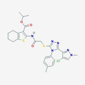 molecular formula C27H29ClN6O3S2 B455951 isopropyl 2-[({[5-(4-chloro-1-methyl-1H-pyrazol-3-yl)-4-(4-methylphenyl)-4H-1,2,4-triazol-3-yl]sulfanyl}acetyl)amino]-4,5,6,7-tetrahydro-1-benzothiophene-3-carboxylate 
