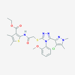 molecular formula C25H27ClN6O4S2 B455953 ethyl 2-[({[5-(4-chloro-1,5-dimethyl-1H-pyrazol-3-yl)-4-(2-methoxyphenyl)-4H-1,2,4-triazol-3-yl]sulfanyl}acetyl)amino]-4,5-dimethyl-3-thiophenecarboxylate 