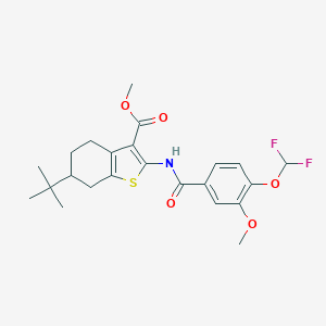 molecular formula C23H27F2NO5S B455971 Methyl 6-tert-butyl-2-({[4-(difluoromethoxy)-3-methoxyphenyl]carbonyl}amino)-4,5,6,7-tetrahydro-1-benzothiophene-3-carboxylate 