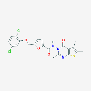 molecular formula C21H17Cl2N3O4S B455973 5-[(2,5-dichlorophenoxy)methyl]-N-(2,5,6-trimethyl-4-oxothieno[2,3-d]pyrimidin-3(4H)-yl)-2-furamide 