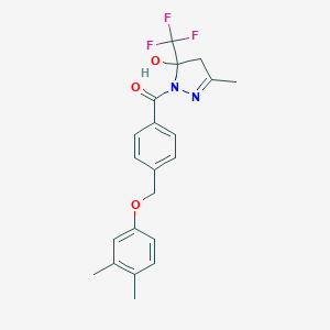 molecular formula C21H21F3N2O3 B455978 1-{4-[(3,4-dimethylphenoxy)methyl]benzoyl}-3-methyl-5-(trifluoromethyl)-4,5-dihydro-1H-pyrazol-5-ol 