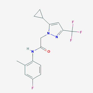 molecular formula C16H15F4N3O B455983 2-[5-cyclopropyl-3-(trifluoromethyl)-1H-pyrazol-1-yl]-N-(4-fluoro-2-methylphenyl)acetamide 