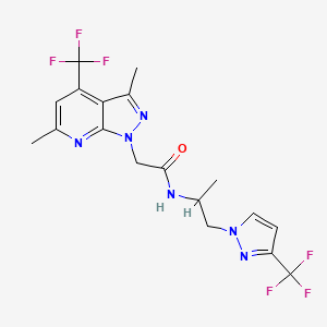 molecular formula C18H18F6N6O B4559902 2-[3,6-dimethyl-4-(trifluoromethyl)-1H-pyrazolo[3,4-b]pyridin-1-yl]-N-{1-methyl-2-[3-(trifluoromethyl)-1H-pyrazol-1-yl]ethyl}acetamide 