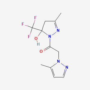 molecular formula C11H13F3N4O2 B4559907 1-[5-HYDROXY-3-METHYL-5-(TRIFLUOROMETHYL)-4,5-DIHYDRO-1H-PYRAZOL-1-YL]-2-(5-METHYL-1H-PYRAZOL-1-YL)-1-ETHANONE 