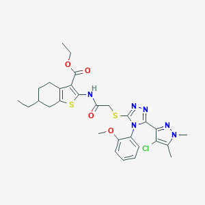 molecular formula C29H33ClN6O4S2 B455998 ethyl 2-[({[5-(4-chloro-1,5-dimethyl-1H-pyrazol-3-yl)-4-(2-methoxyphenyl)-4H-1,2,4-triazol-3-yl]sulfanyl}acetyl)amino]-6-ethyl-4,5,6,7-tetrahydro-1-benzothiophene-3-carboxylate 