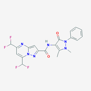 molecular formula C20H16F4N6O2 B456000 5,7-bis(difluoromethyl)-N-(1,5-dimethyl-3-oxo-2-phenyl-2,3-dihydro-1H-pyrazol-4-yl)pyrazolo[1,5-a]pyrimidine-2-carboxamide 