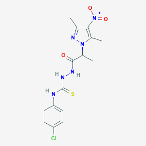 molecular formula C15H17ClN6O3S B456003 N-(4-chlorophenyl)-2-(2-{4-nitro-3,5-dimethyl-1H-pyrazol-1-yl}propanoyl)hydrazinecarbothioamide 