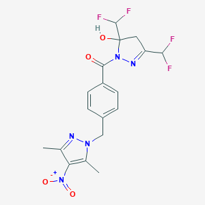 molecular formula C18H17F4N5O4 B456022 3,5-bis(difluoromethyl)-1-[4-({4-nitro-3,5-dimethyl-1H-pyrazol-1-yl}methyl)benzoyl]-4,5-dihydro-1H-pyrazol-5-ol 