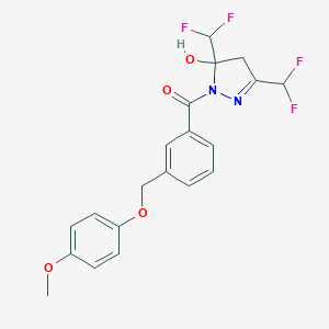 molecular formula C20H18F4N2O4 B456027 3,5-bis(difluoromethyl)-1-{3-[(4-methoxyphenoxy)methyl]benzoyl}-4,5-dihydro-1H-pyrazol-5-ol 