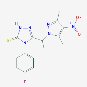 molecular formula C15H15FN6O2S B456030 4-(4-fluorophenyl)-3-(1-{4-nitro-3,5-dimethyl-1H-pyrazol-1-yl}ethyl)-5-sulfanyl-4H-1,2,4-triazole 