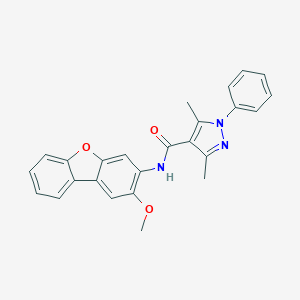 molecular formula C25H21N3O3 B456033 N-(2-methoxydibenzo[b,d]furan-3-yl)-3,5-dimethyl-1-phenyl-1H-pyrazole-4-carboxamide 