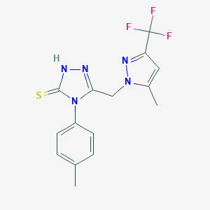 molecular formula C15H14F3N5S B456037 4-(4-methylphenyl)-5-{[5-methyl-3-(trifluoromethyl)-1H-pyrazol-1-yl]methyl}-4H-1,2,4-triazol-3-yl hydrosulfide 
