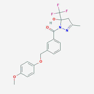 molecular formula C20H19F3N2O4 B456042 1-{3-[(4-methoxyphenoxy)methyl]benzoyl}-3-methyl-5-(trifluoromethyl)-4,5-dihydro-1H-pyrazol-5-ol 