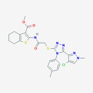 molecular formula C25H25ClN6O3S2 B456046 methyl 2-[({[5-(4-chloro-1-methyl-1H-pyrazol-3-yl)-4-(4-methylphenyl)-4H-1,2,4-triazol-3-yl]sulfanyl}acetyl)amino]-4,5,6,7-tetrahydro-1-benzothiophene-3-carboxylate 