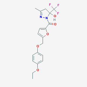 molecular formula C19H19F3N2O5 B456049 1-{5-[(4-ethoxyphenoxy)methyl]-2-furoyl}-3-methyl-5-(trifluoromethyl)-4,5-dihydro-1H-pyrazol-5-ol 