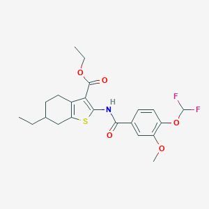molecular formula C22H25F2NO5S B456051 Ethyl 2-({[4-(difluoromethoxy)-3-methoxyphenyl]carbonyl}amino)-6-ethyl-4,5,6,7-tetrahydro-1-benzothiophene-3-carboxylate 