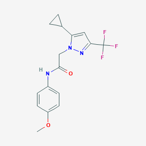 molecular formula C16H16F3N3O2 B456059 2-[5-cyclopropyl-3-(trifluoromethyl)-1H-pyrazol-1-yl]-N-(4-methoxyphenyl)acetamide 