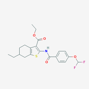molecular formula C21H23F2NO4S B456060 Ethyl 2-({[4-(difluoromethoxy)phenyl]carbonyl}amino)-6-ethyl-4,5,6,7-tetrahydro-1-benzothiophene-3-carboxylate 