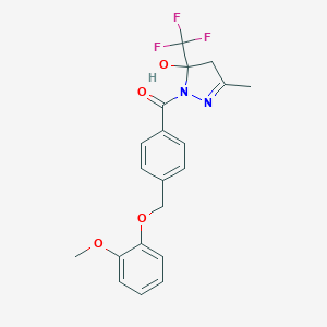 molecular formula C20H19F3N2O4 B456067 1-{4-[(2-methoxyphenoxy)methyl]benzoyl}-3-methyl-5-(trifluoromethyl)-4,5-dihydro-1H-pyrazol-5-ol 