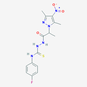 molecular formula C15H17FN6O3S B456070 N-(4-fluorophenyl)-2-(2-{4-nitro-3,5-dimethyl-1H-pyrazol-1-yl}propanoyl)hydrazinecarbothioamide 