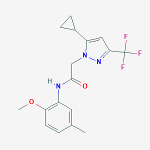molecular formula C17H18F3N3O2 B456074 2-[5-cyclopropyl-3-(trifluoromethyl)-1H-pyrazol-1-yl]-N-(2-methoxy-5-methylphenyl)acetamide 