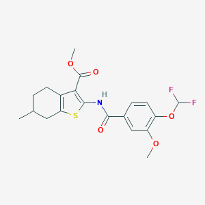 molecular formula C20H21F2NO5S B456079 Methyl 2-({[4-(difluoromethoxy)-3-methoxyphenyl]carbonyl}amino)-6-methyl-4,5,6,7-tetrahydro-1-benzothiophene-3-carboxylate 
