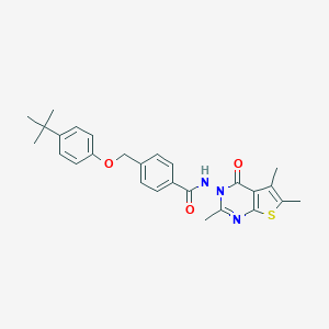 molecular formula C27H29N3O3S B456081 4-[(4-tert-butylphenoxy)methyl]-N-(2,5,6-trimethyl-4-oxothieno[2,3-d]pyrimidin-3(4H)-yl)benzamide 