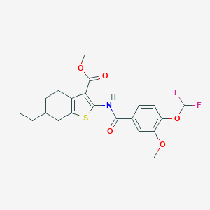 molecular formula C21H23F2NO5S B456084 Methyl 2-({[4-(difluoromethoxy)-3-methoxyphenyl]carbonyl}amino)-6-ethyl-4,5,6,7-tetrahydro-1-benzothiophene-3-carboxylate 